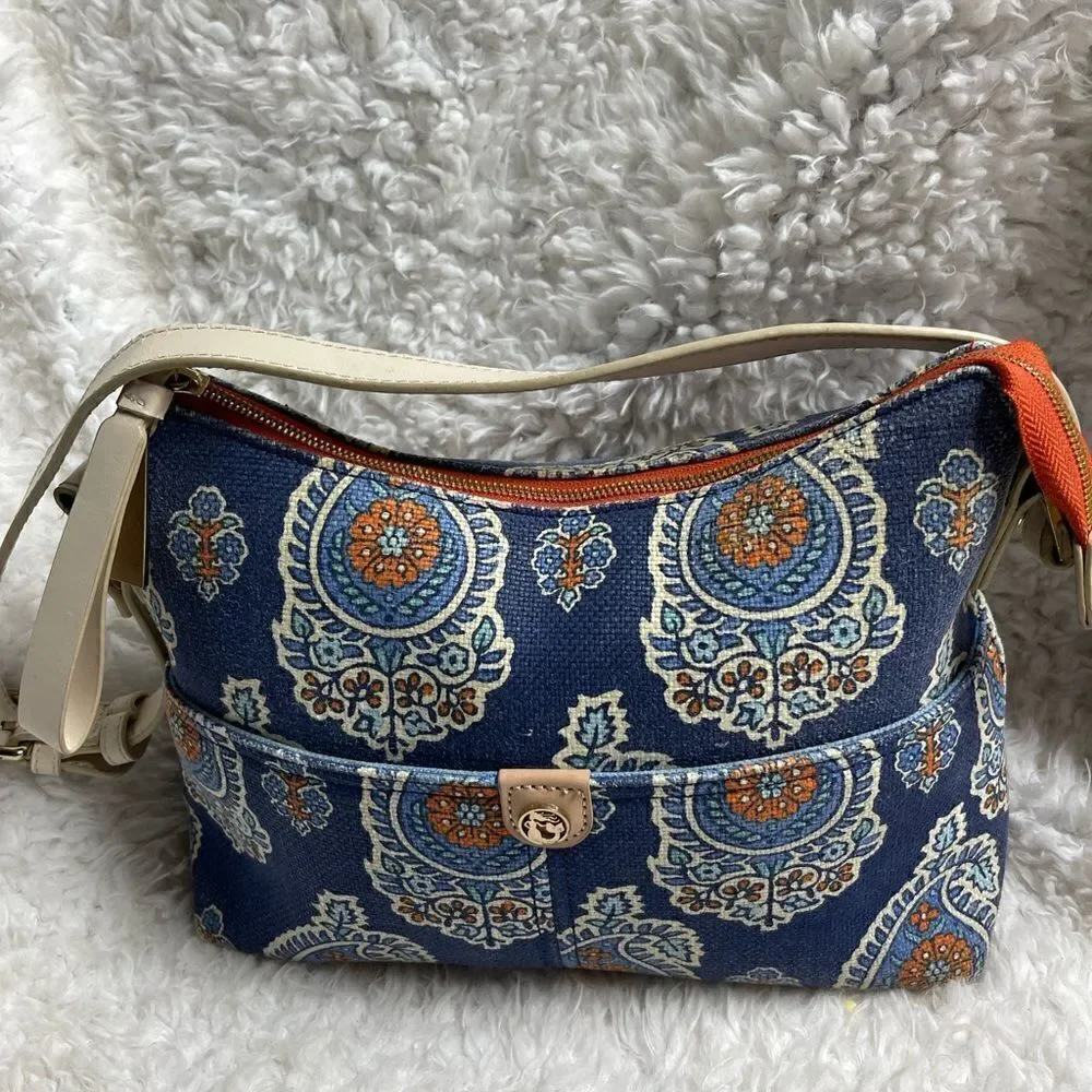 Spartina 449 Blue Bohemian canvas shoulder bag beige strap gold tone hardwares